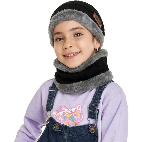 Kids Boys Girls Winter Warm Knit Beanie Hat Cap Neck Scarf Set with Fleece - Picture 6 of 6